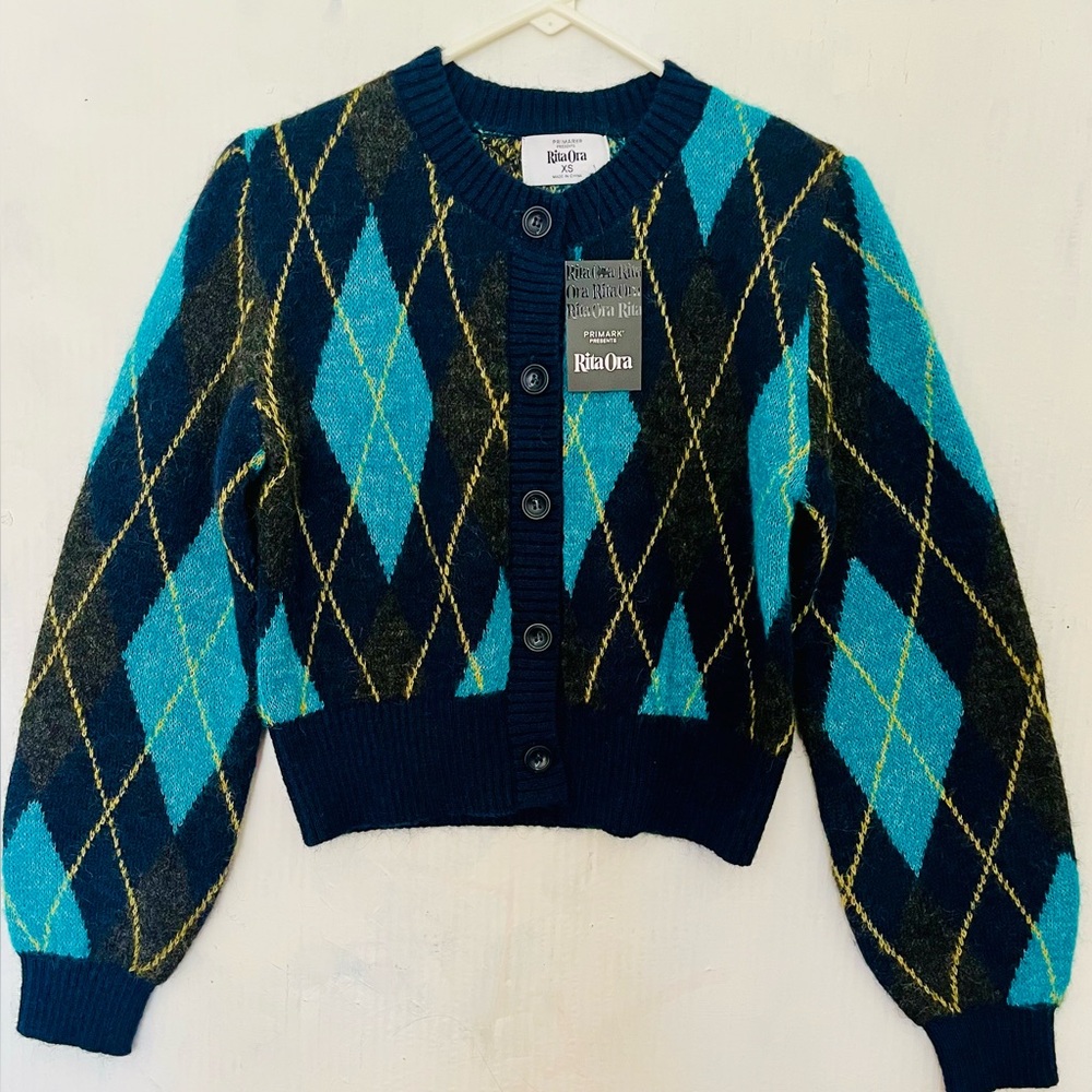 Primark x Rita Ora Cropped Black and Blue Argyle Cardigan Sweater XS